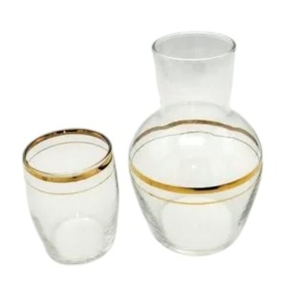 MCM Vintage Tumble-Up Bedside Water Carafe & Glass Gold Trim - Picture 2 of 8